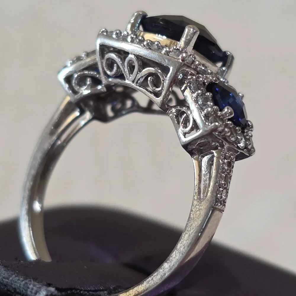 Cushion Cut Blue Three (3) Stone CZ Accent 925 Sterling Silver Ring Size 6.75